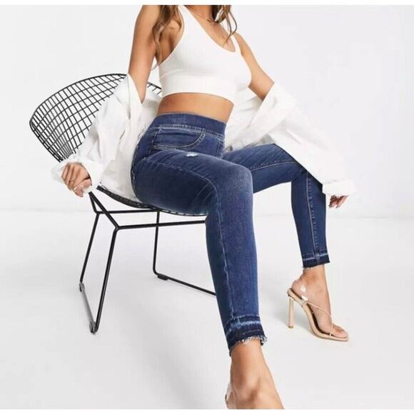 SPANX Distressed Denim High Rise Elastic Waist Jeggings SZ LG - Picture 1 of 6